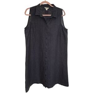 Garnet Hill Shirt Dress 100% Linen Collared Sleeveless Women Sz 14 Indigo Blue